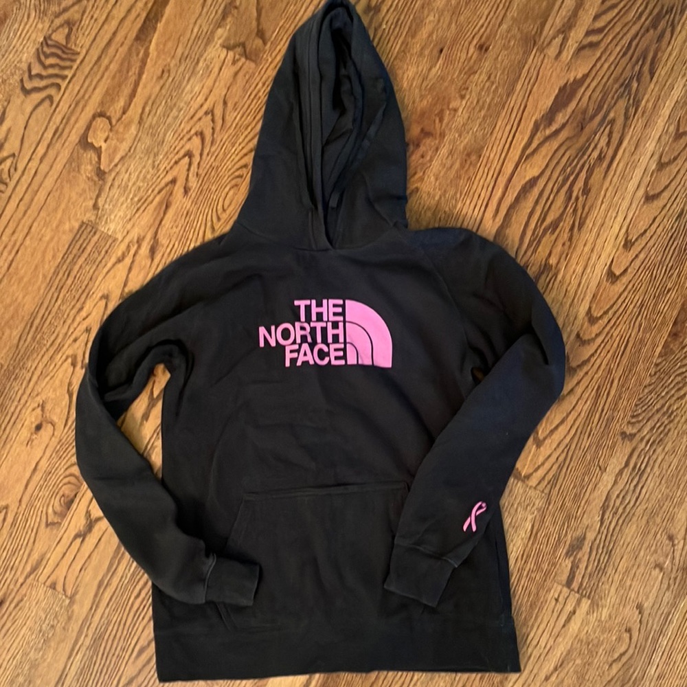 North Face Hoodie Black Size Medium Breast Cancer awareness ribbon on sleeve